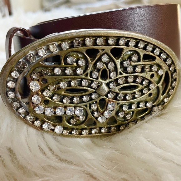 Unbranded Accessories - Brown Med Belt Genuine Leather Rhinestones 85CMs